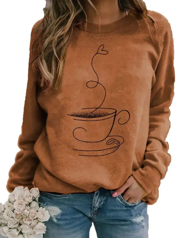 Sweatshirt femme – Coupe décontractée – Coton doux – Motif tasse à café – Col rond