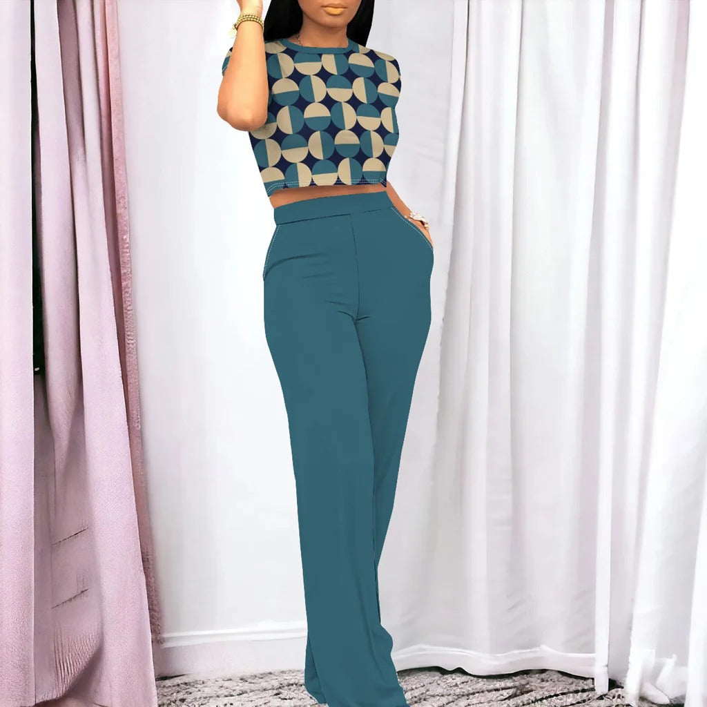 Ensemble Femme Deux Pièces – Crop Top Imprimé Géométrique – Pantalon Taille Haute Large