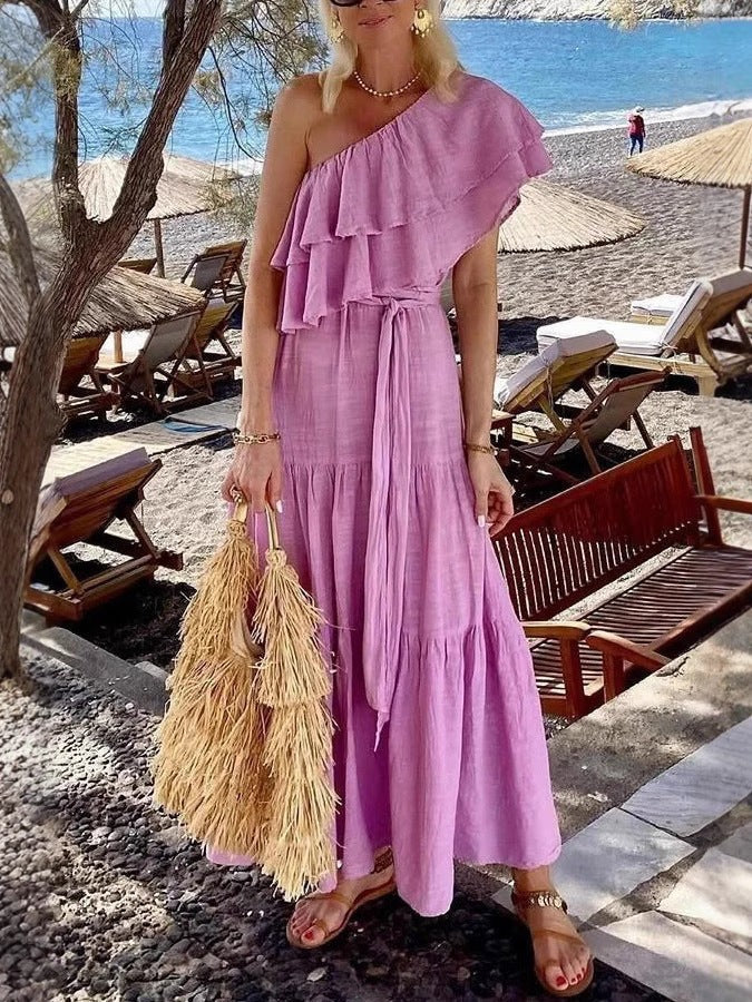 Robe longue femme – Épaule dénudée – Volants – Coupe ample – Coton fluide à étages