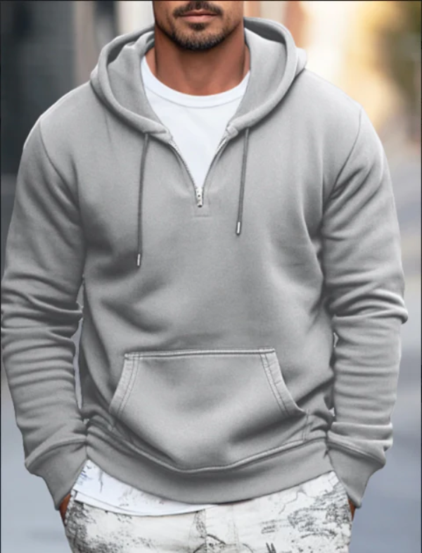 Sweat à capuche homme – Coupe décontractée – Coton – Zip quart – Poche kangourou
