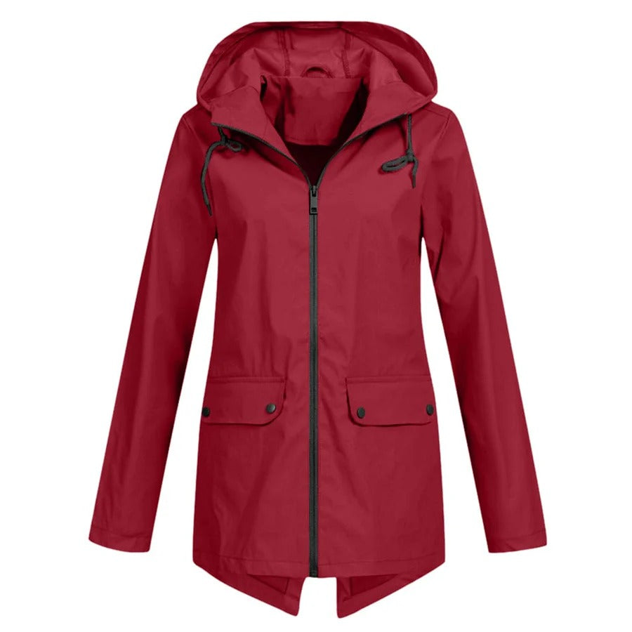 Veste imperméable femme – Coupe décontractée – Capuche ajustable – Zip frontal – Longueur mi-cuisse – Poches à rabat