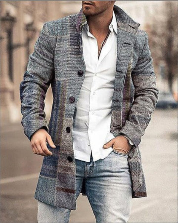 Manteau Homme – Coupe Ajustée – Laine – Motif Carreaux – Col Tailleur – Boutonnage Avant