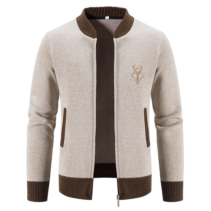 Sweatshirt zippé homme – Maille laine – Coupe casual – Motif brodé – Poches avant