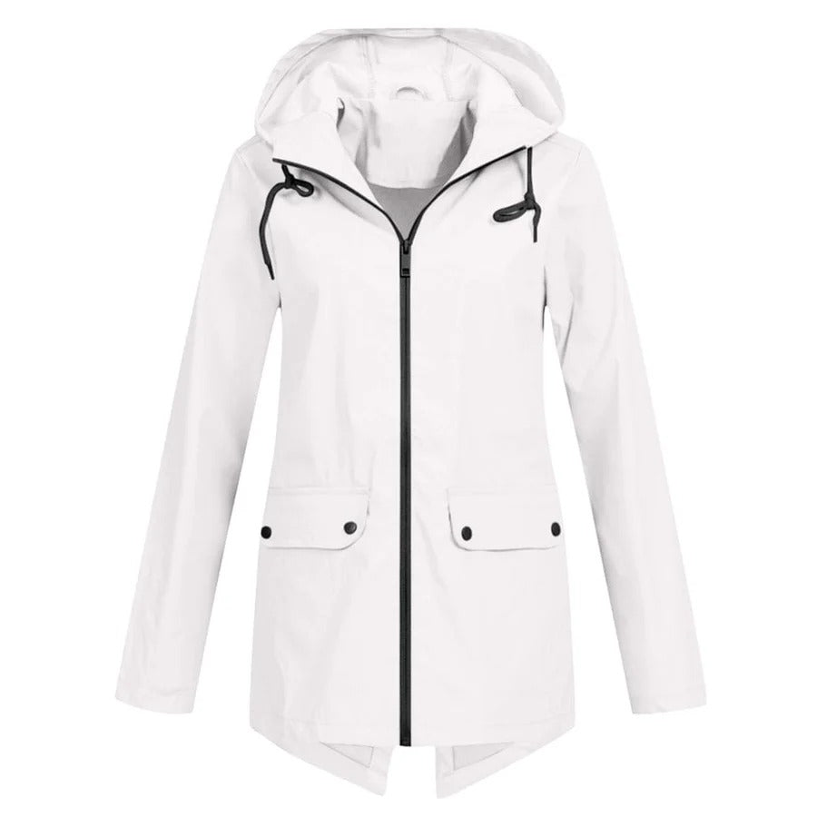 Veste imperméable femme – Coupe décontractée – Capuche ajustable – Zip frontal – Longueur mi-cuisse – Poches à rabat