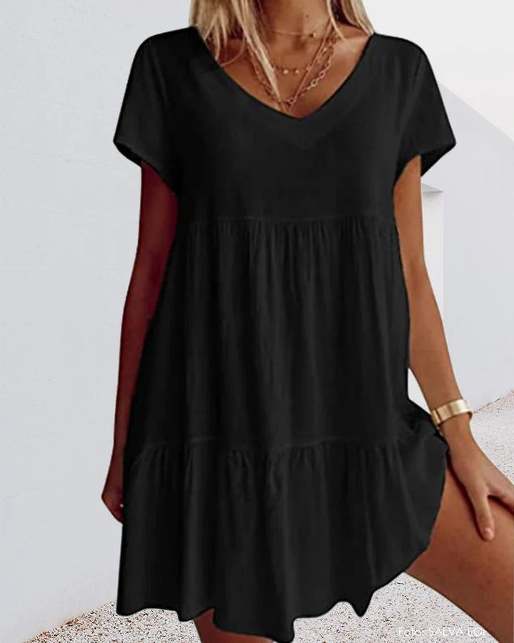 Robe trapèze femme – Tissu respirant – Coupe décontractée – Manches courtes – Col V