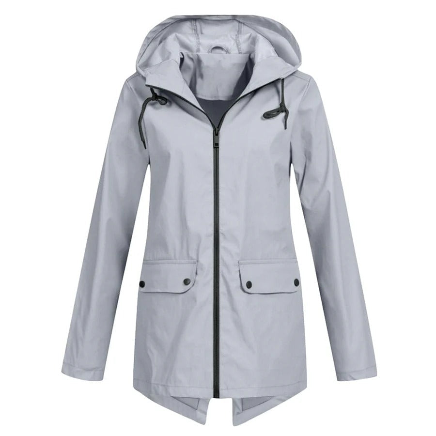 Veste imperméable femme – Coupe décontractée – Capuche ajustable – Zip frontal – Longueur mi-cuisse – Poches à rabat