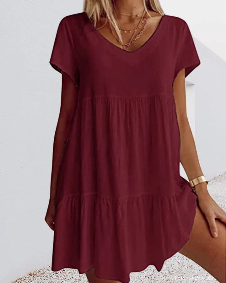 Robe trapèze femme – Tissu respirant – Coupe décontractée – Manches courtes – Col V