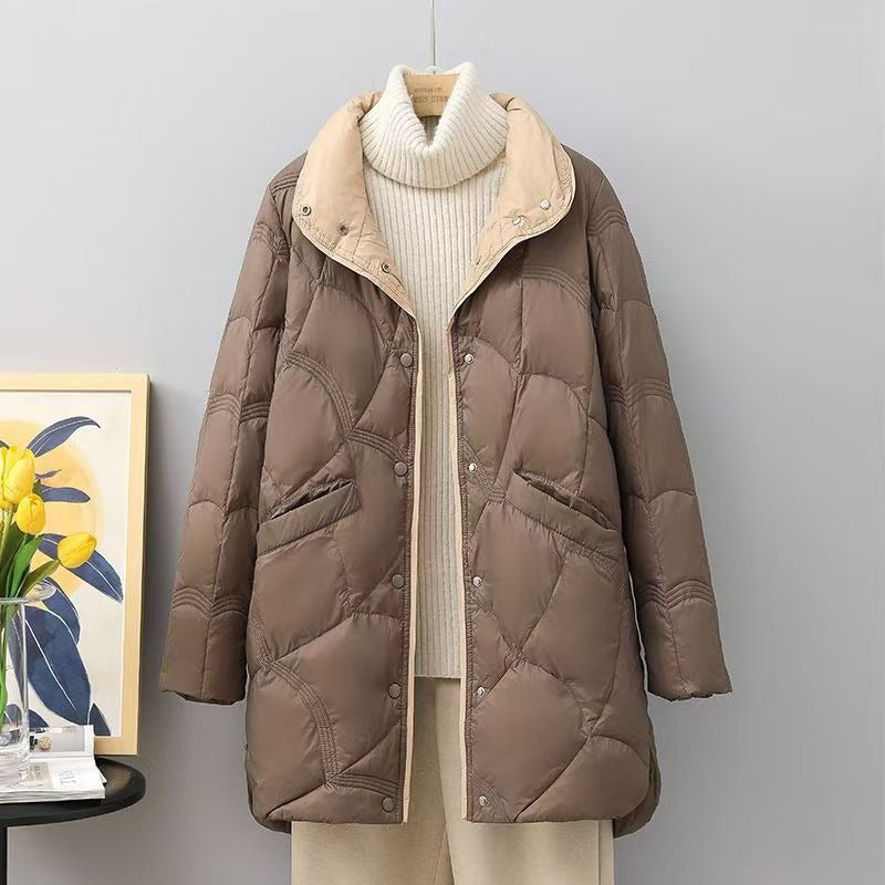 Veste longue femme – Duvet léger – Coupe ample – Col montant – Matelassage chaud