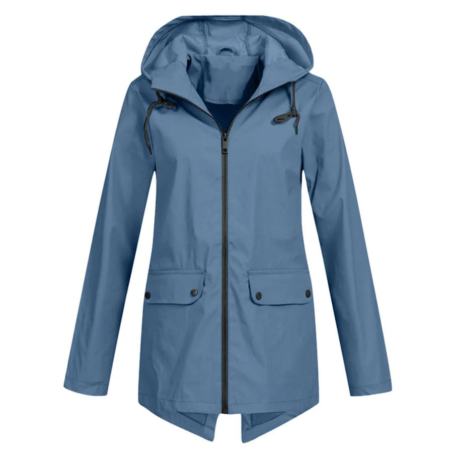 Veste imperméable femme – Coupe décontractée – Capuche ajustable – Zip frontal – Longueur mi-cuisse – Poches à rabat