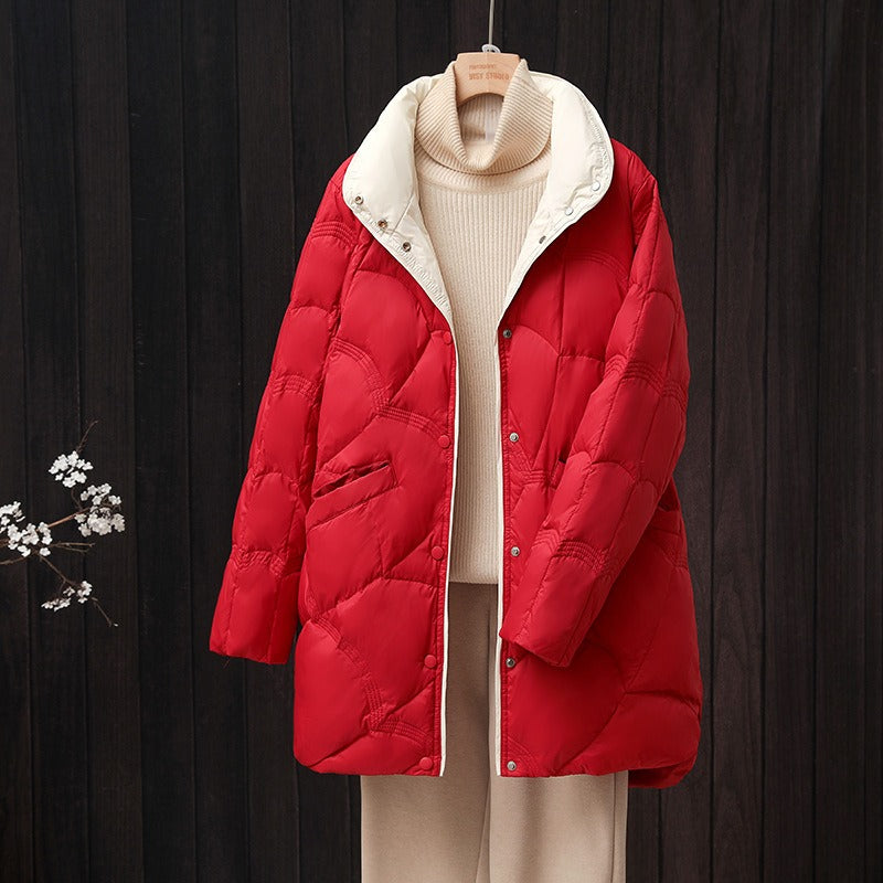 Veste longue femme – Duvet léger – Coupe ample – Col montant – Matelassage chaud