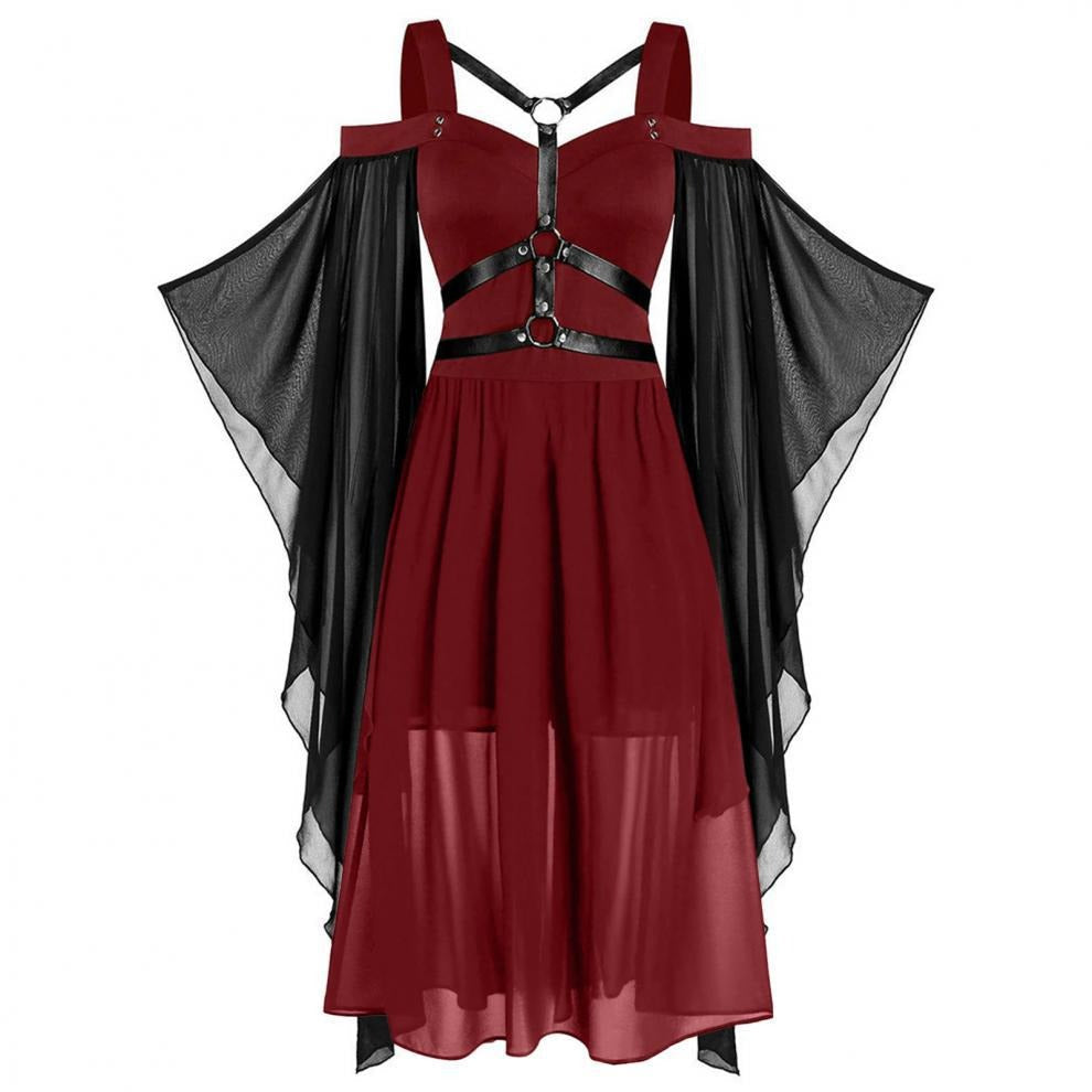 Robe midi femme – Coupe évasée – Voile léger – Manches trompette – Harnais gothique – Ourlet asymétrique