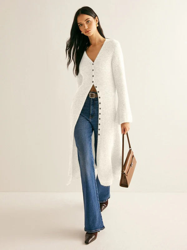 Robe pull femme – Maille côtelée – Coupe slim – Boutonnée – Col en V – Manches longues – Longueur midi