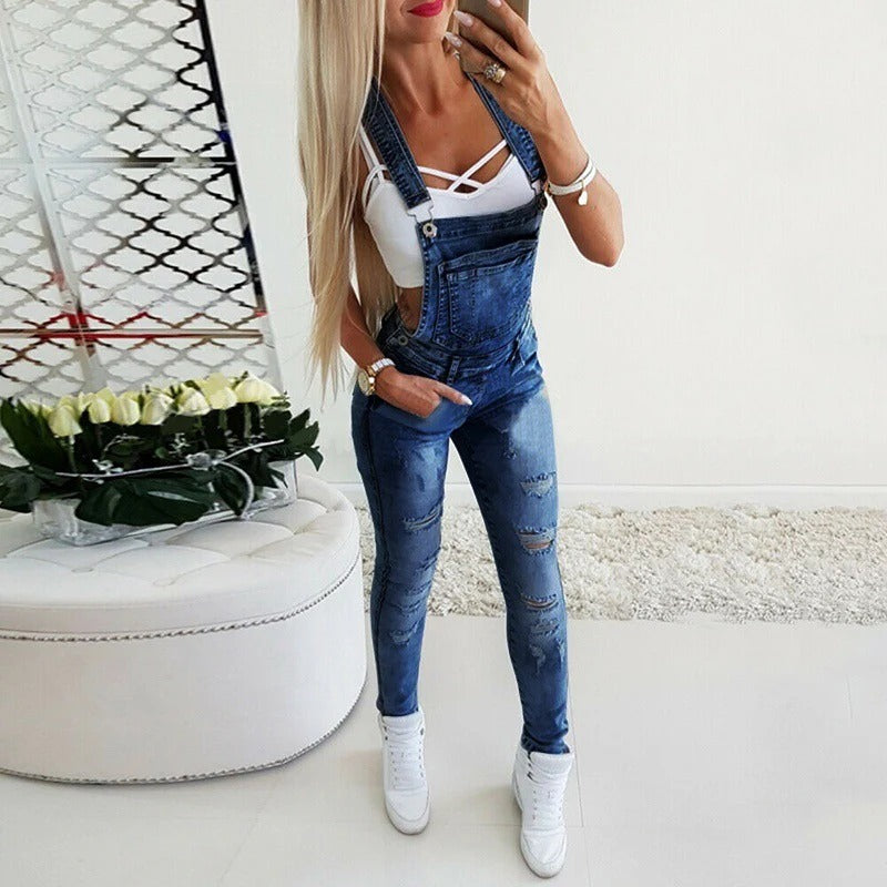 Salopette femme – Coupe slim – Jean délavé – Bretelles réglables – Style décontracté