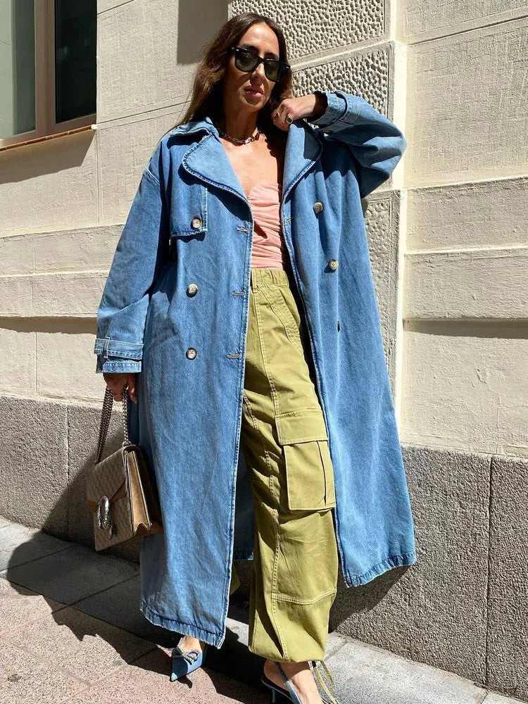 Manteau trench femme – Coupe oversize – Denim structuré – Double boutonnage ceinturé