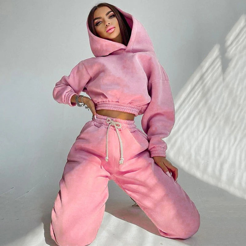 Ensemble Loungewear Femme – Coupe Décontractée – Hoodie Court – Pantalon Taille Cordon