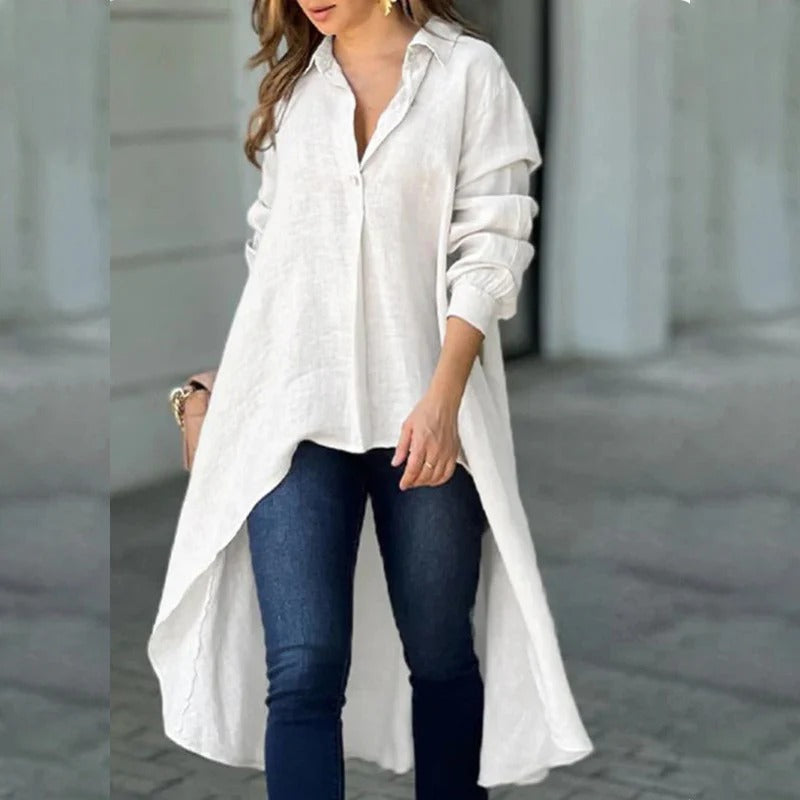 Blouse femme – Coupe ample – Manches longues – Ourlet asymétrique – Tissu coton