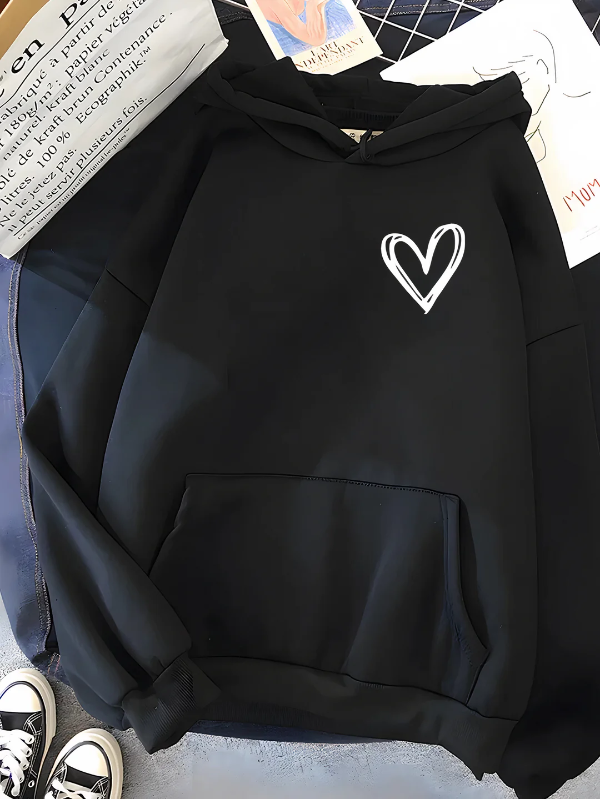 Sweat à capuche femme – Coupe décontractée – Coton – Motif cœur – Poche kangourou