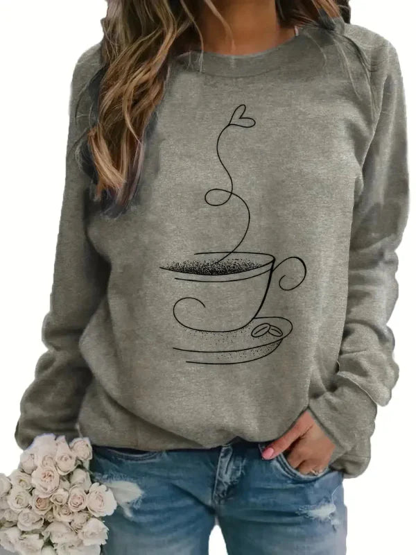 Sweatshirt femme – Coupe décontractée – Coton doux – Motif tasse à café – Col rond