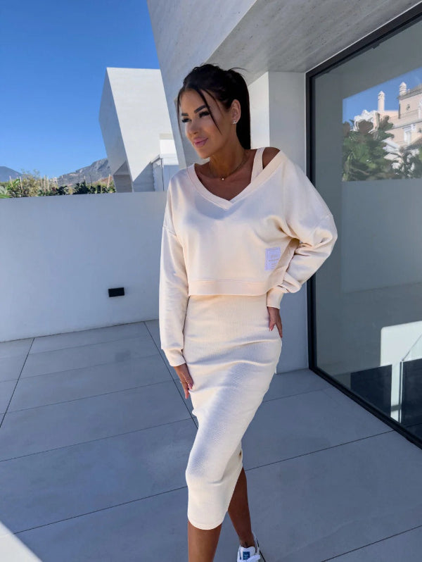 Robe Sweat Femme – Coupe Slim – Coton Doux – Col V – Longueur Midi – Ensemble Coordonné
