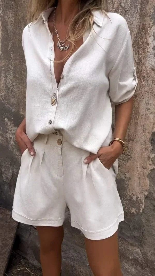 Blouse femme – Coupe ample – Linnen et Cotton – Manches courtes – Col boutonné