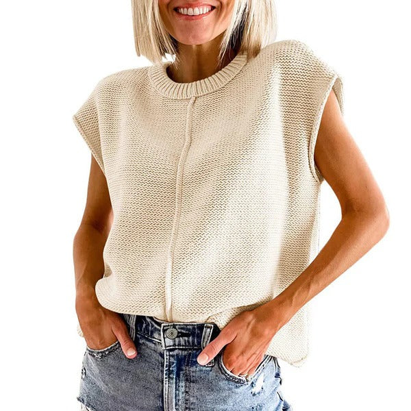 Top femme – Maille légère – Coupe décontractée – Sans manches – Col côtelé