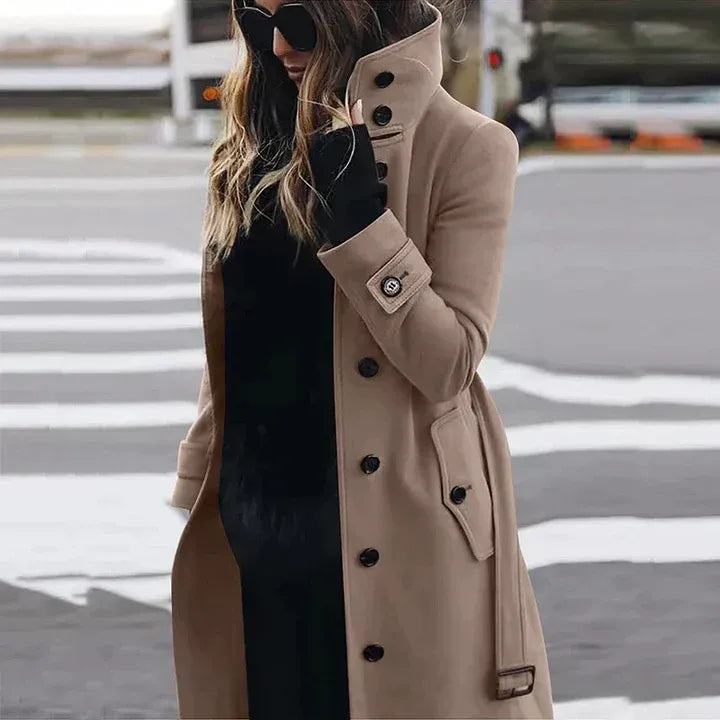 Manteau trench femme – Laine mélangée – Coupe ajustée – Double boutonnage ceinturé