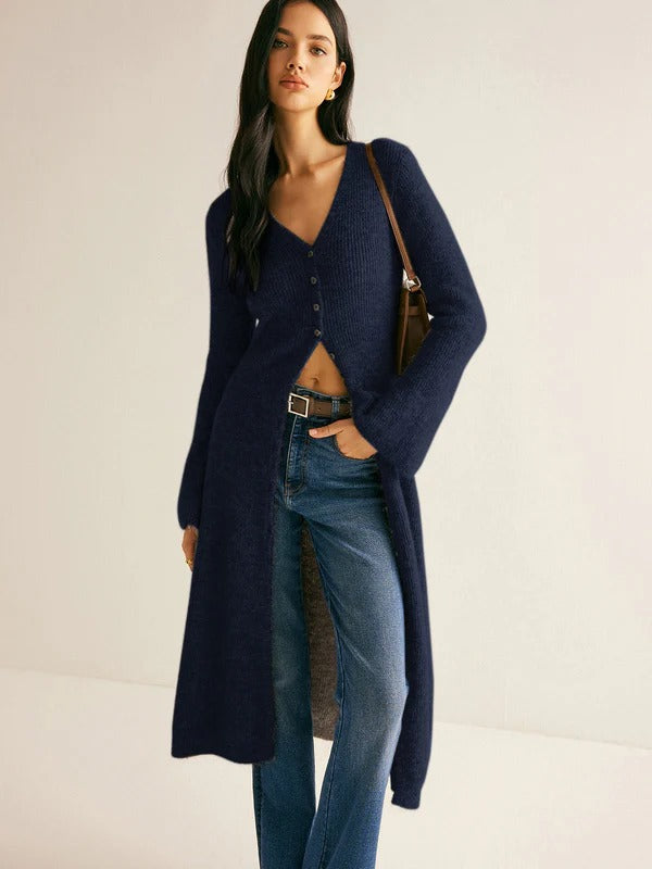 Robe pull femme – Maille côtelée – Coupe slim – Boutonnée – Col en V – Manches longues – Longueur midi