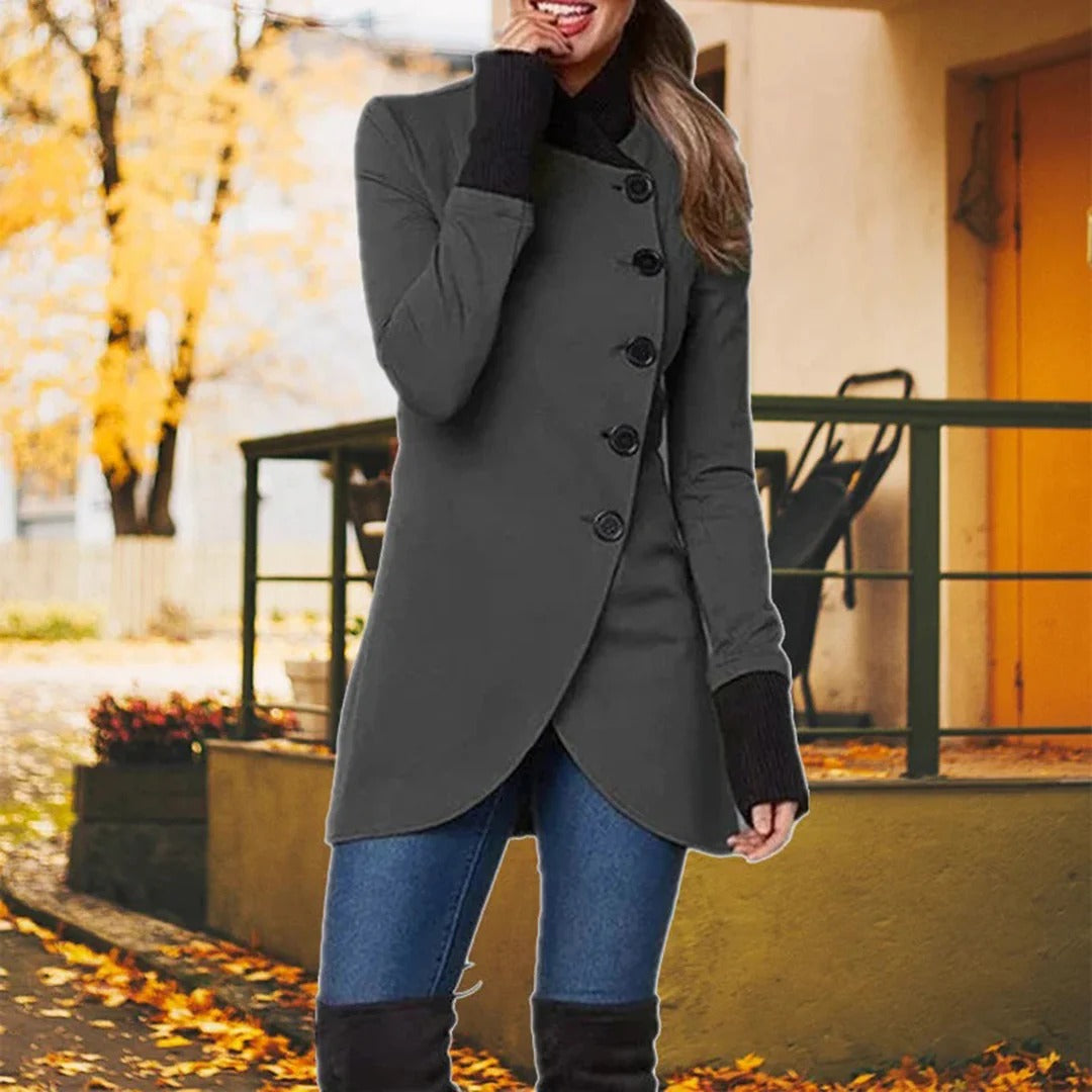 Veste femme – Coupe cintrée – Boutonnage asymétrique – Col montant – Longueur mi-cuisse