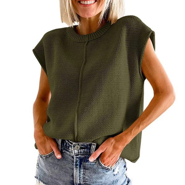 Top femme – Maille légère – Coupe décontractée – Sans manches – Col côtelé