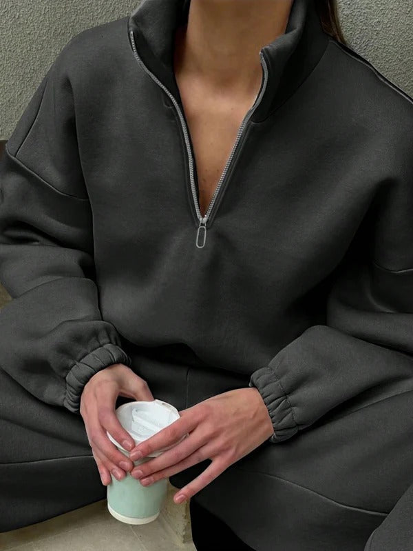 Pull femme oversize – Col zippé montant – Coton doux – Coupe décontractée