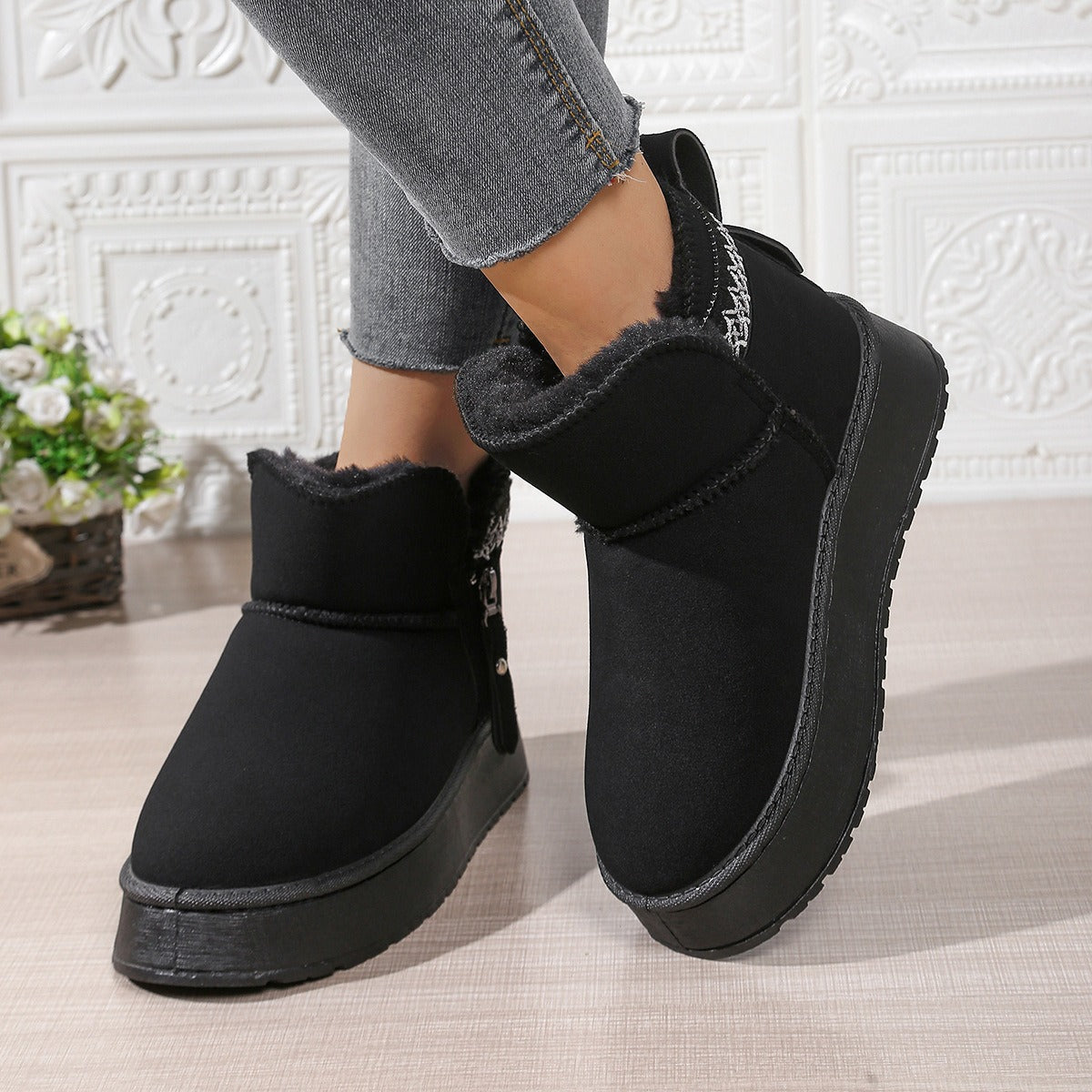 Bottes de neige femme – Doublure chaude – Semelle épaisse – Tige basse – Zip latéral