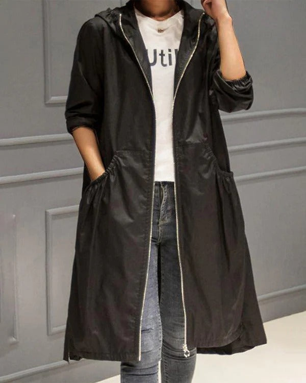 Trench femme – Imperméable à capuche – Coupe droite – Longueur genou – Style décontracté