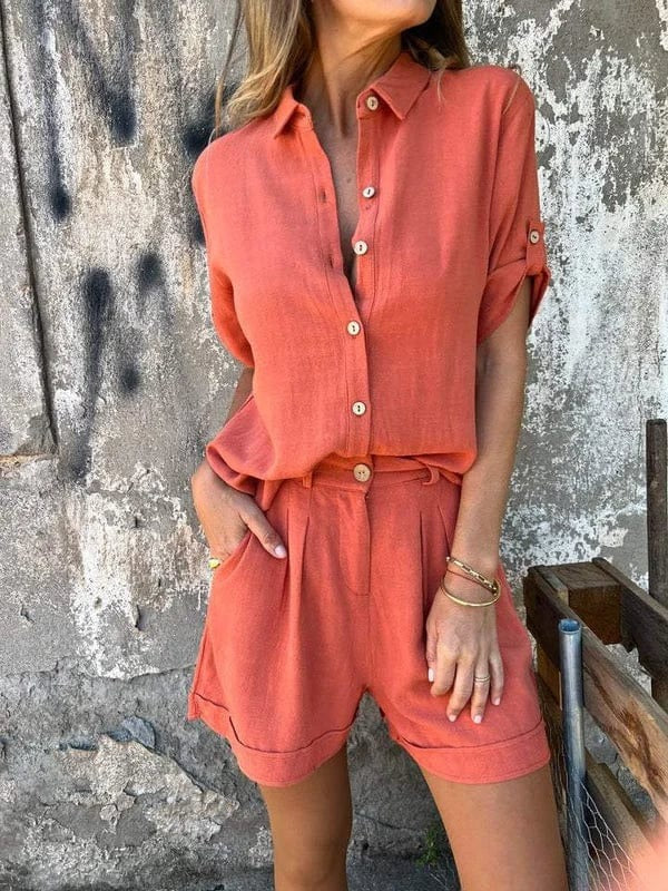 Blouse femme – Coupe ample – Linnen et Cotton – Manches courtes – Col boutonné
