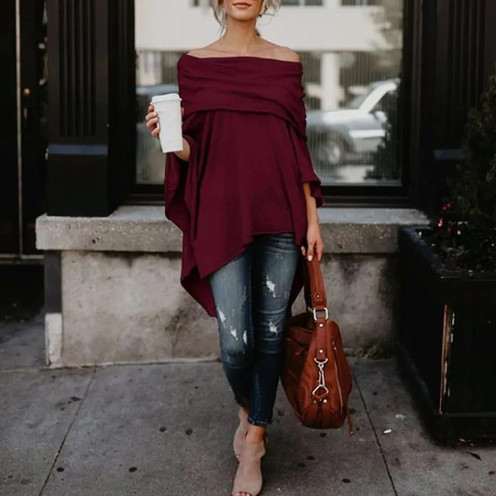 Top femme à manches longues – Épaules dénudées – Coupe ample – Ourlet asymétrique