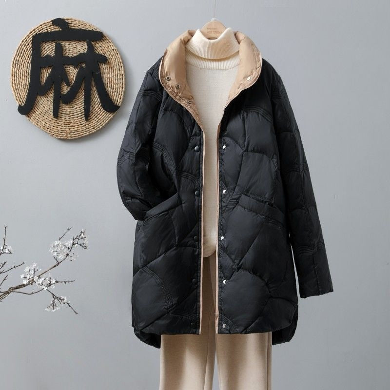 Veste longue femme – Duvet léger – Coupe ample – Col montant – Matelassage chaud