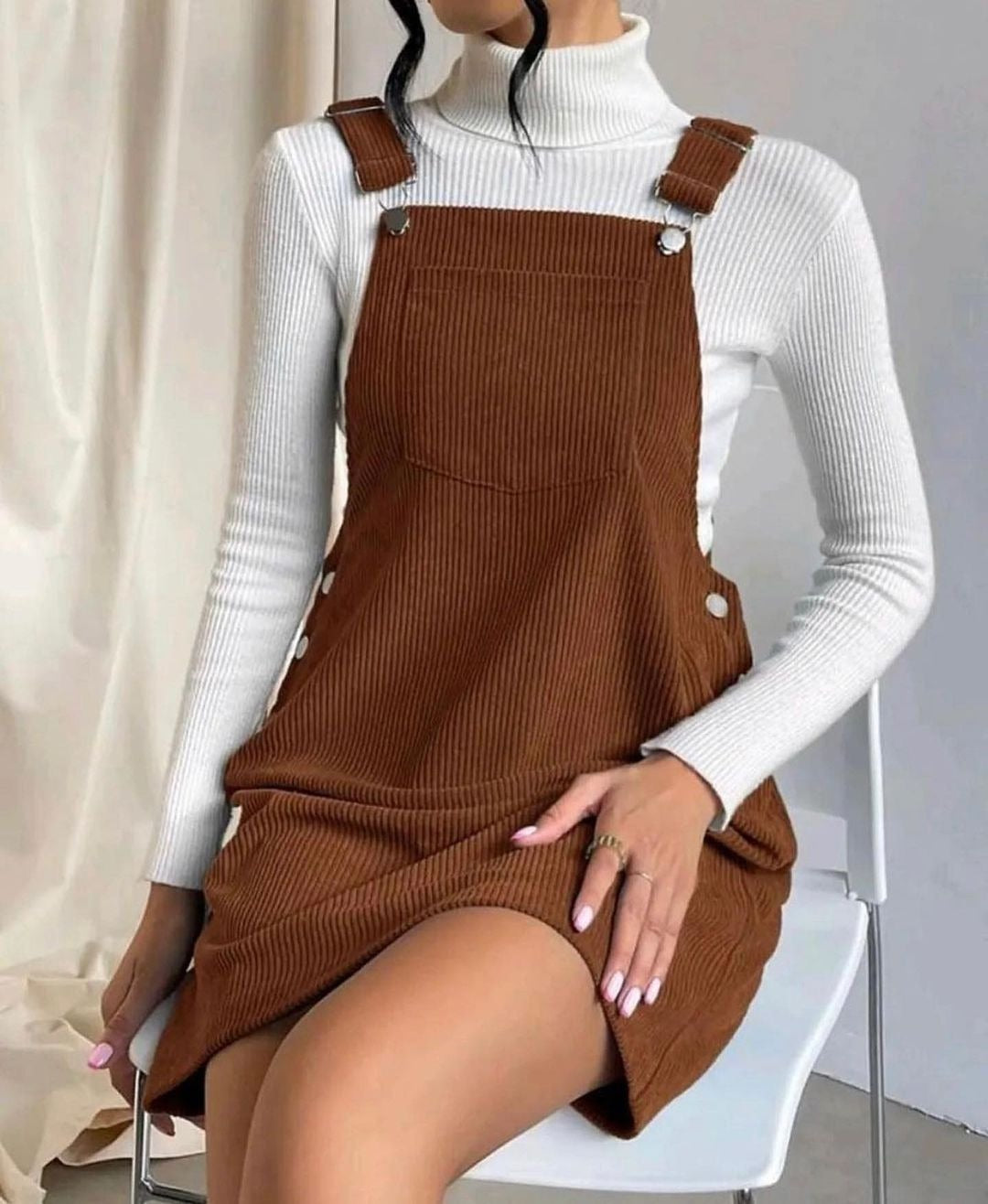 Robe Midi Femme – Côtelée – Coupe Décontractée – Bretelles Réglables – Poche Avant