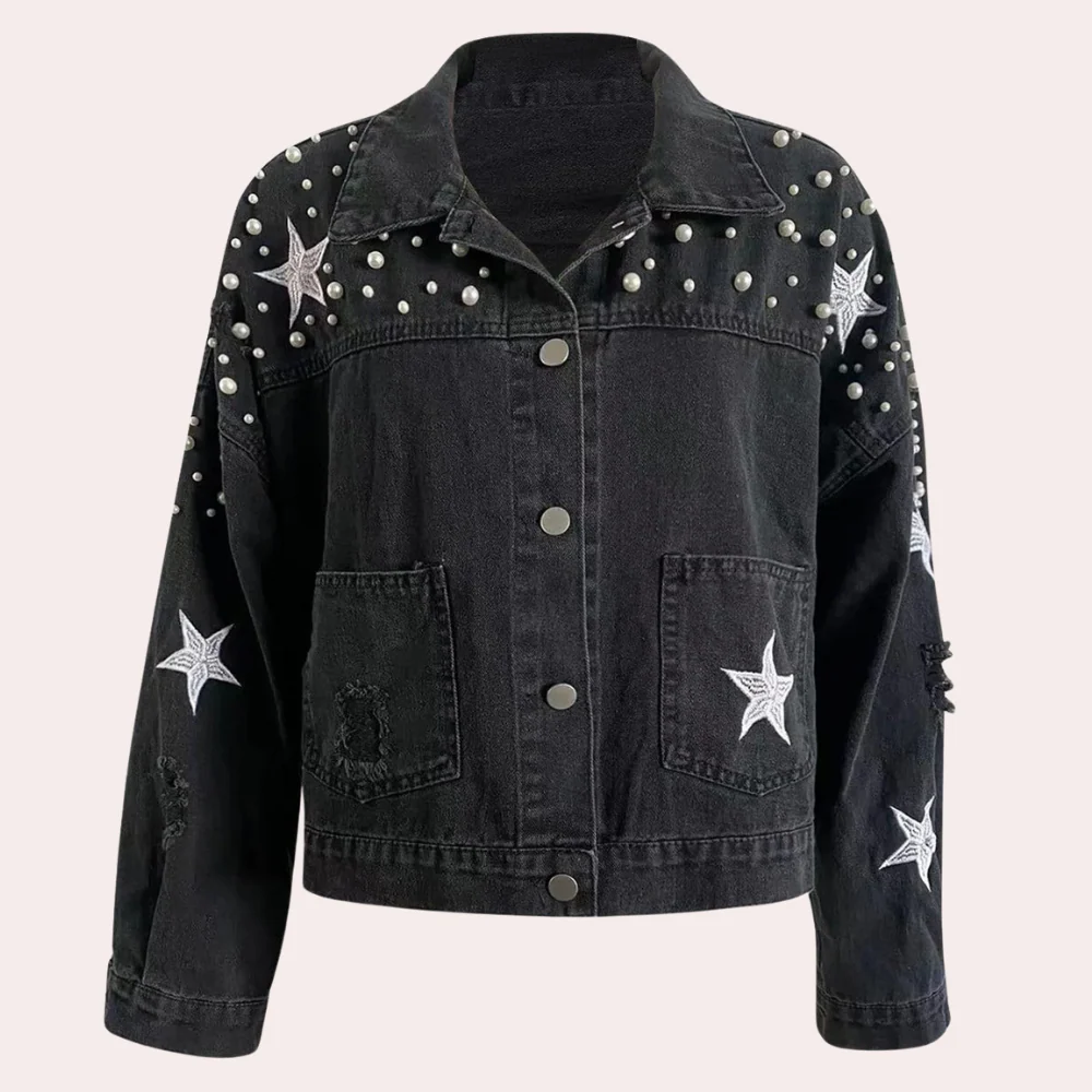 Veste en jean femme – Coupe oversize – Style usé – Clous et motifs étoile