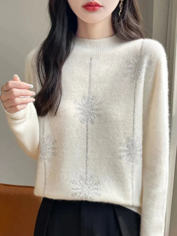 Femme Pull - Maille Pelucheuse - Coupe Décontractée - Col Montant Côtelé - Motif Flocon Scintillant