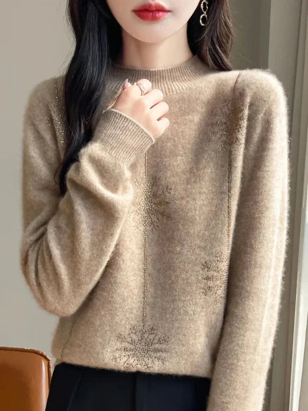 Femme Pull - Maille Pelucheuse - Coupe Décontractée - Col Montant Côtelé - Motif Flocon Scintillant