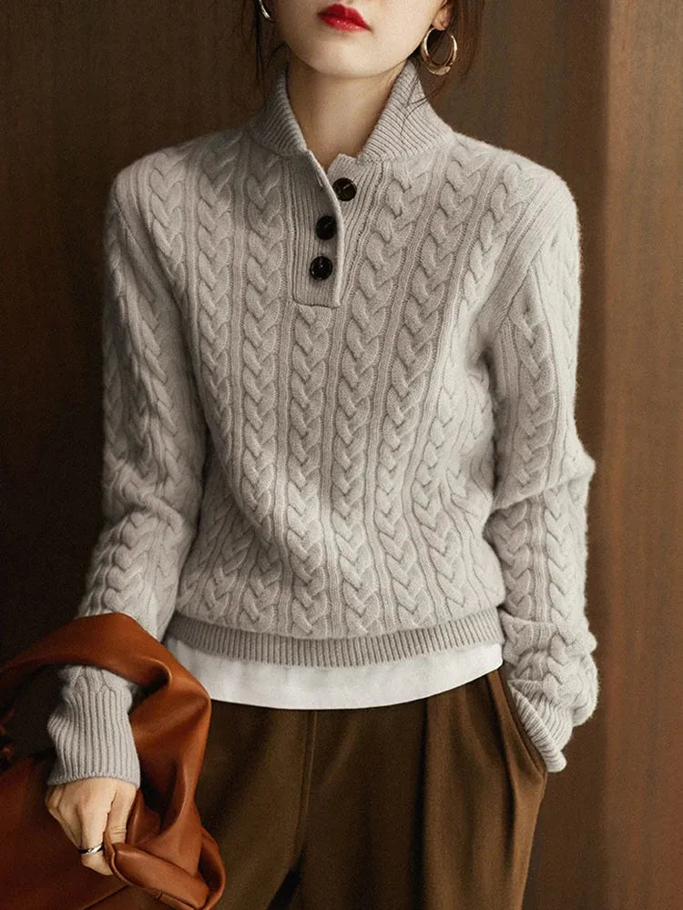 Femme Pull - Maille Texturée - Coupe Décontractée - Col Montant - Manches Longues