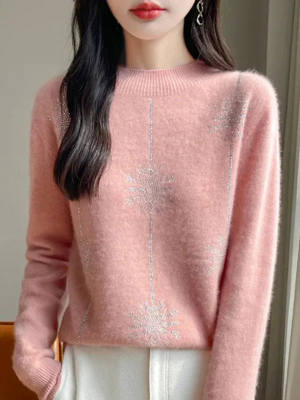 Femme Pull - Maille Pelucheuse - Coupe Décontractée - Col Montant Côtelé - Motif Flocon Scintillant