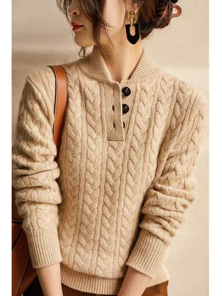 Femme Pull - Maille Texturée - Coupe Décontractée - Col Montant - Manches Longues