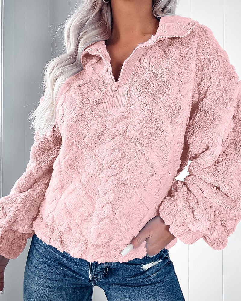 Pull femme – Coupe décontractée – Effet fourrure doux – Motif matelassé – Demi-zip