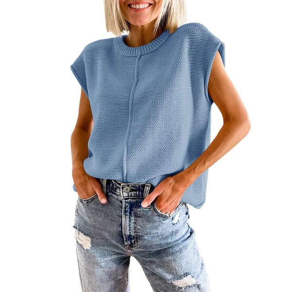 Top femme – Maille légère – Coupe décontractée – Sans manches – Col côtelé