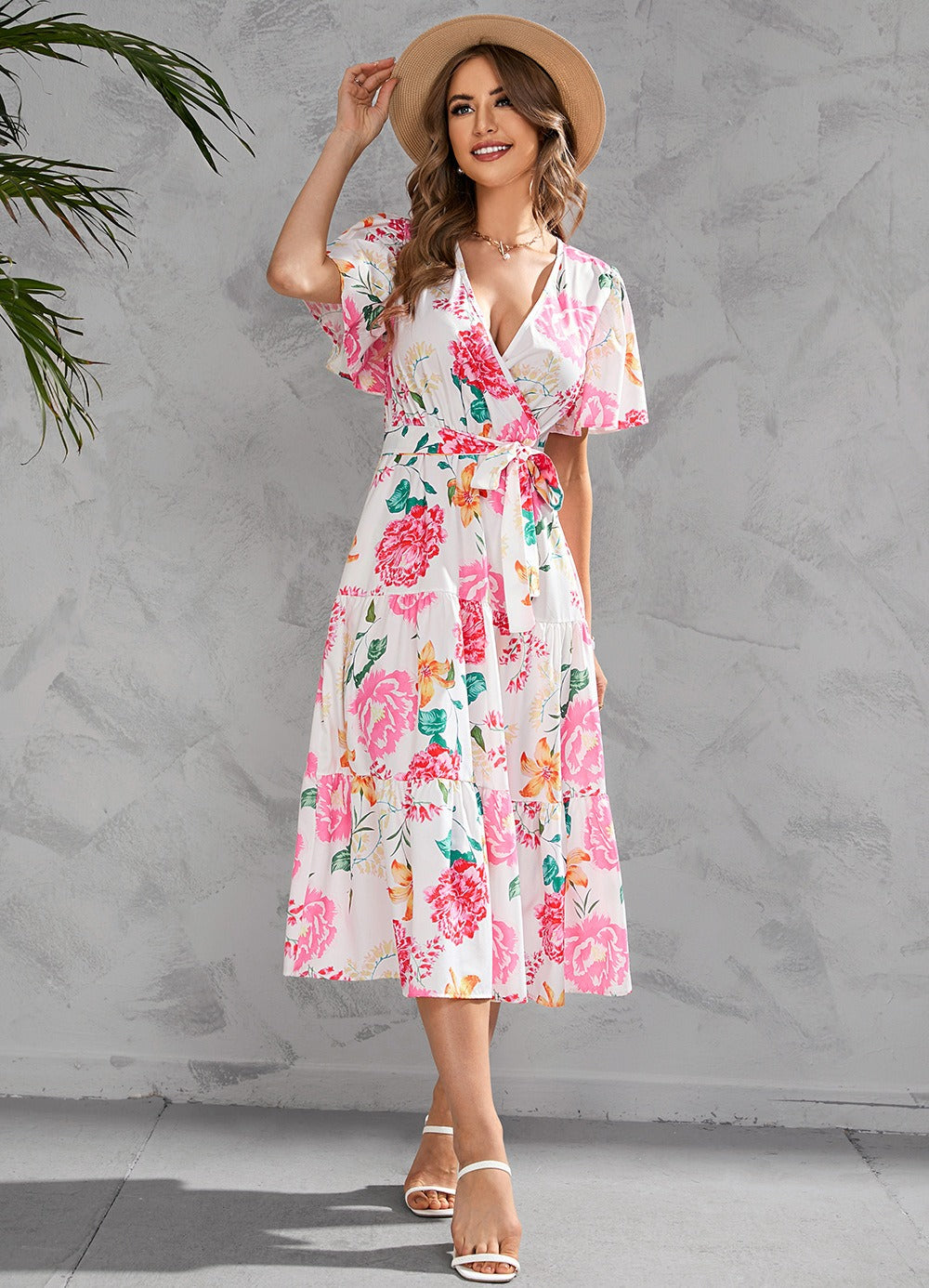 Robe midi femme – Décolleté cache-cœur – Manches courtes – Ceinture à nouer – Jupe à volants