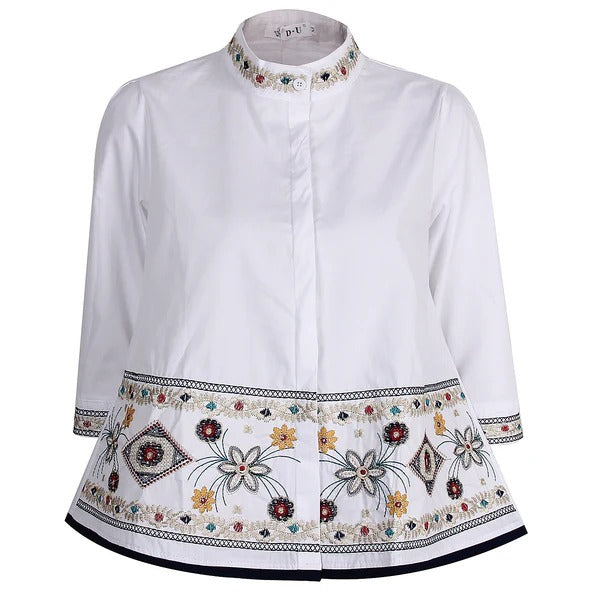 Blouse femme – Coupe décontractée – Coton doux – Col montant – Détails brodés