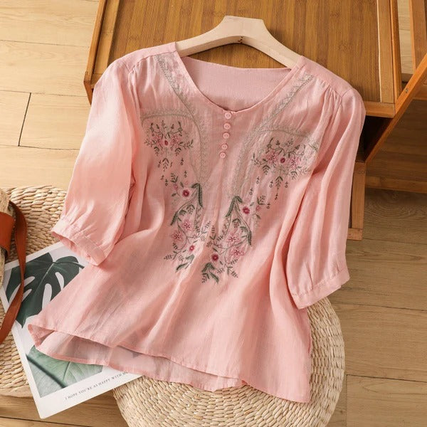 Blouse femme – Coupe décontractée – Tissu coton – Broderie florale – Manches 3/4