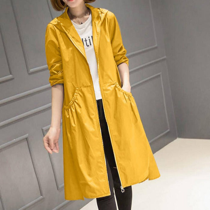 Veste imperméable femme – Coupe décontractée – Longueur genou – Capuche – Zip complet