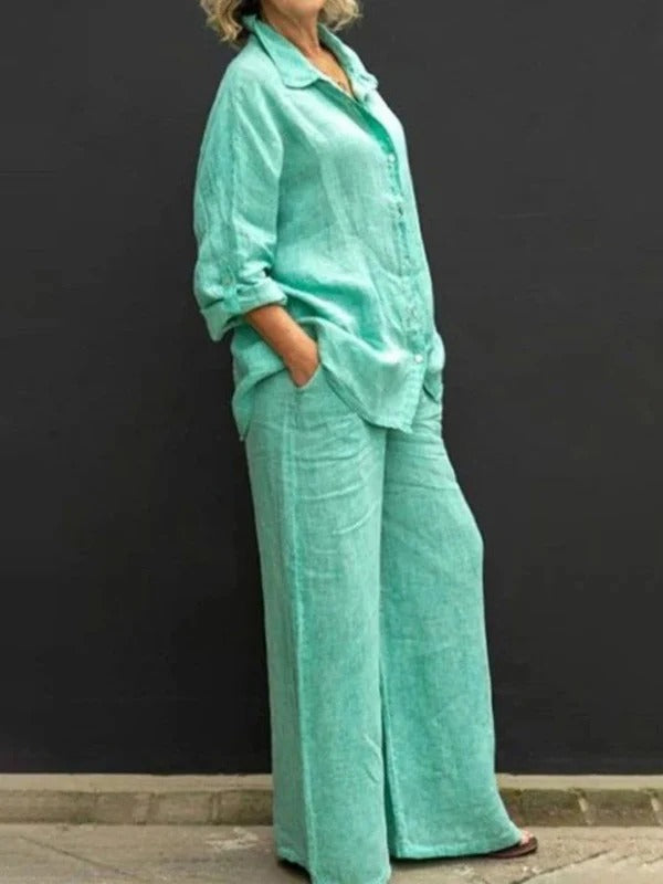 Ensemble femme – Linnen – Coupe ample – Chemise boutonnée – Pantalon large