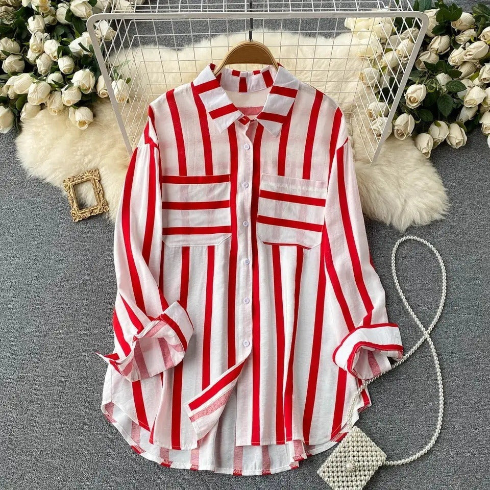 Veste chemise femme – Coupe ample – Rayures verticales – Coton léger – Boutonnée
